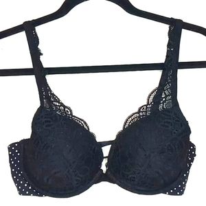 Flirtitude Black Lace Underwire Bra, White Polka Dot Band & Pink Lined Cup - 36C